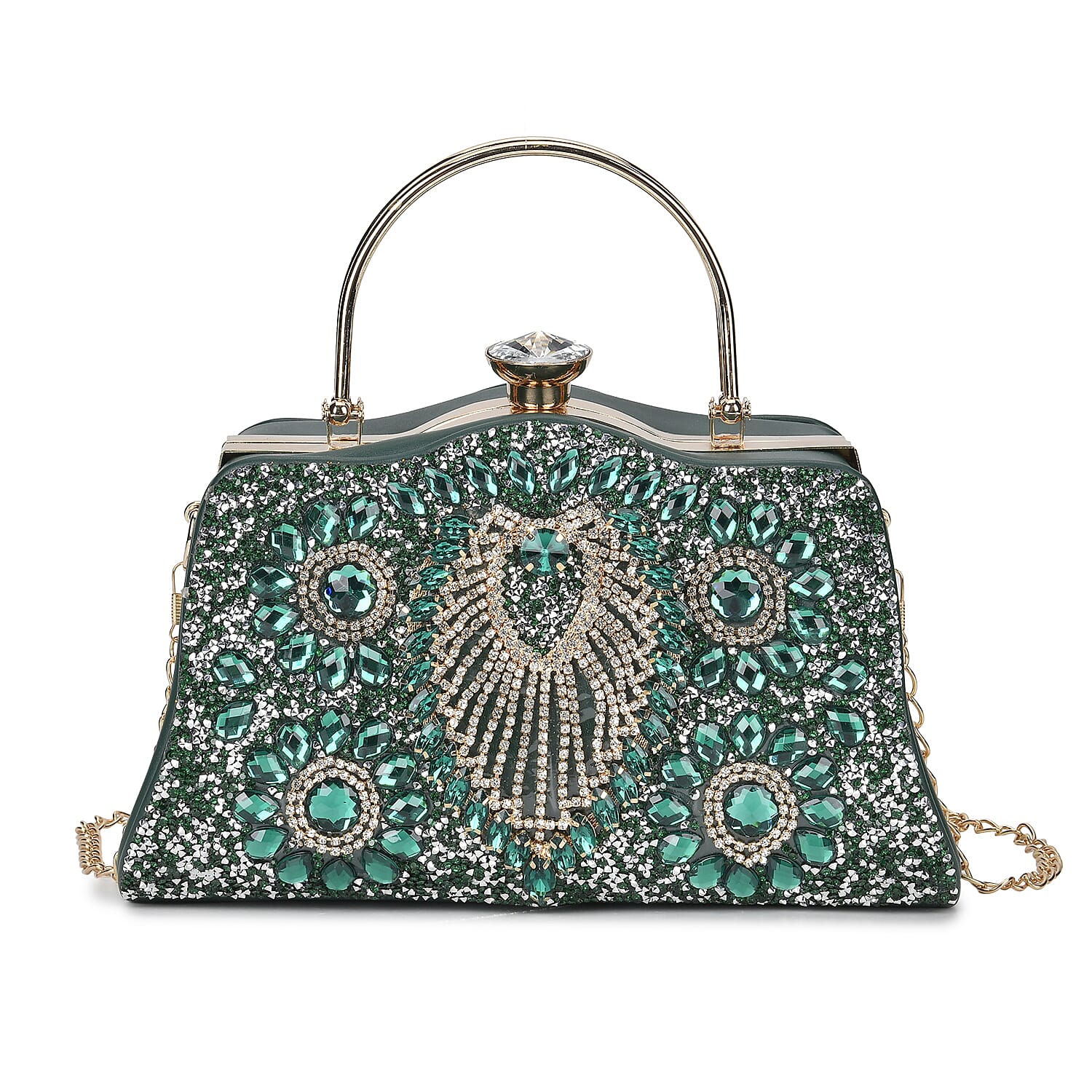 Green Peacock Pattern Crystal Clutch Bag (9.6"x4.3"x5.3") with Shoulder Chain Strap