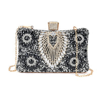 Black Peacock Pattern Crystal Clutch Bag (7.9"x2.4"x5") with Shoulder Chain Strap