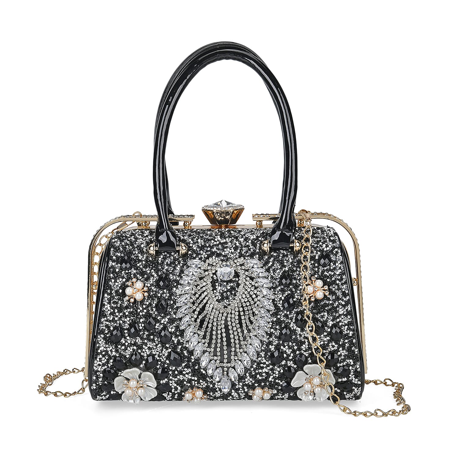 Black 3D Peacock Crystal Clutch Bag (9"x5.3"x6.3") with Shoulder Chain Strap