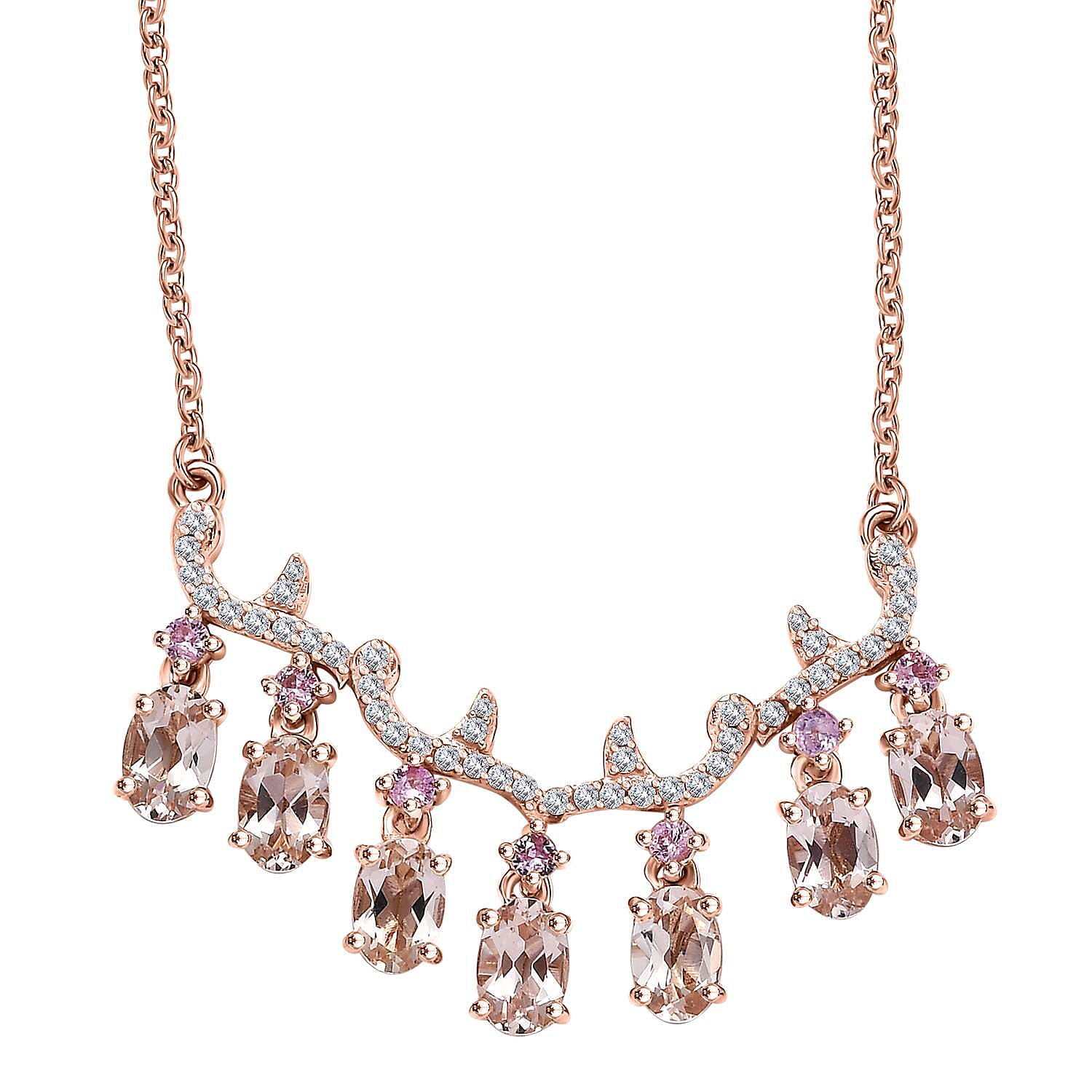 D'Joy Premium Marropino Morganite and Multi Gemstone 3.90 ctw Wisteria flower Garland Necklace in 18K Vermeil Rose Gold Over Sterling Silver 18 Inches