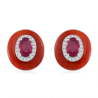 Niassa Ruby (FF), Red Jade (D) and White Zircon 8.30 ctw Stud Earrings in Rhodium Over Sterling Silver