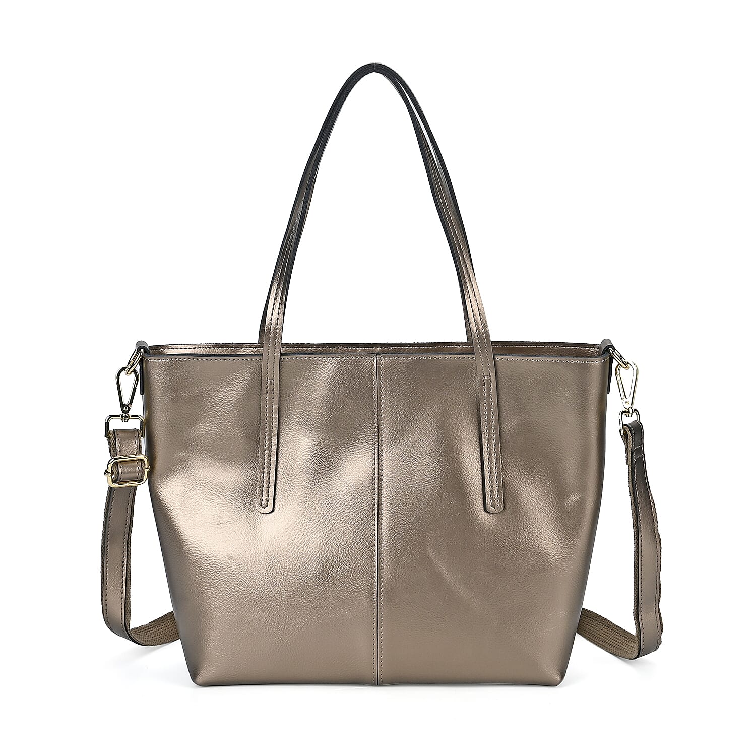 Metallic Bronze Genuine Leather Solid Tote Bag (15.3"x4.7"x10.6")