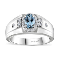Santa Maria Aquamarine and White Zircon 1.00 ctw Art Deco Men's Ring in Rhodium Over Sterling Silver