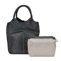 Black Genuine Leather Tote Bag with Small Bag Inside (11.4"x5.9"x12.6")