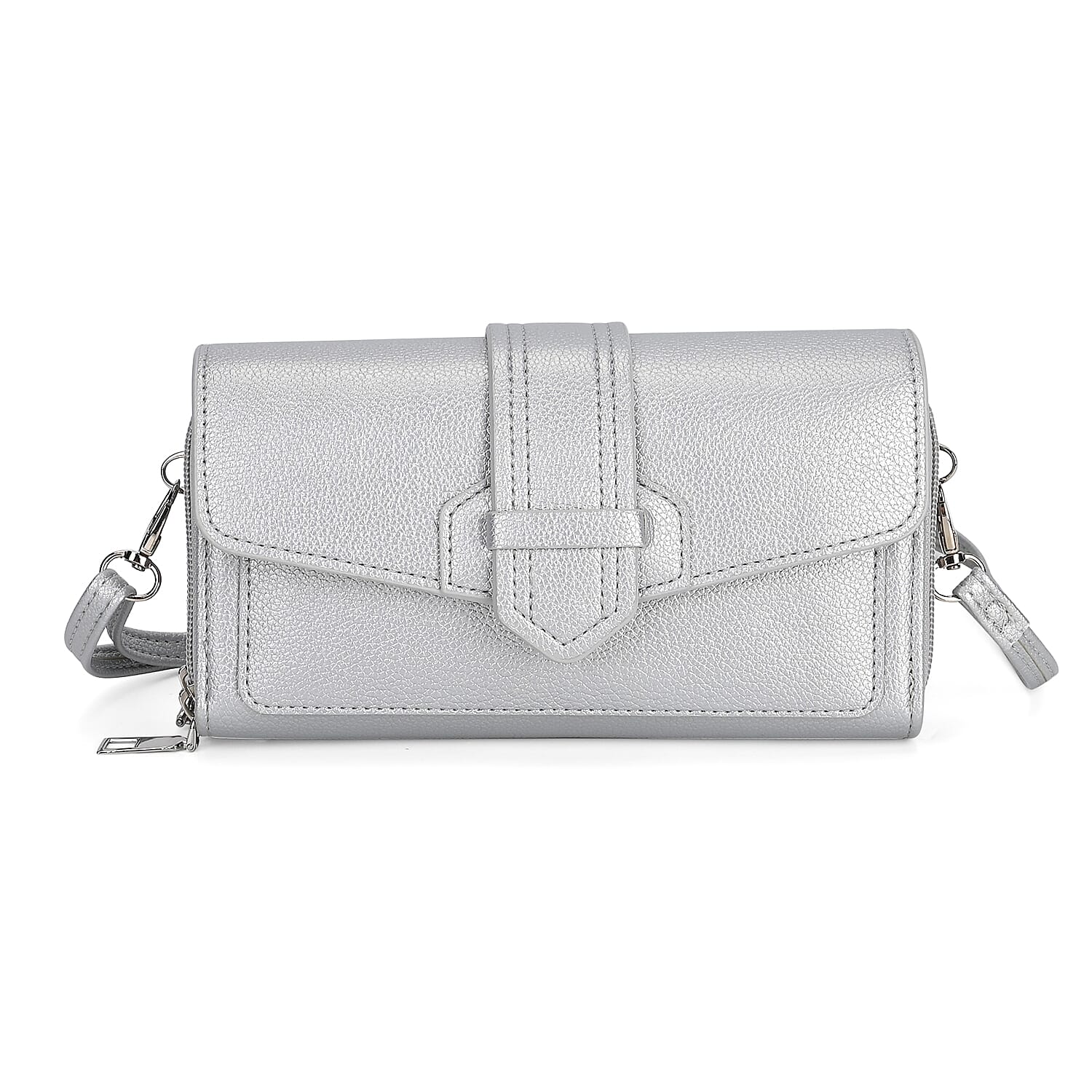 Metallic Silver Faux Leather Crossbody Bag (7.7"x1.6"x4.3") with Shoulder Strap (51")
