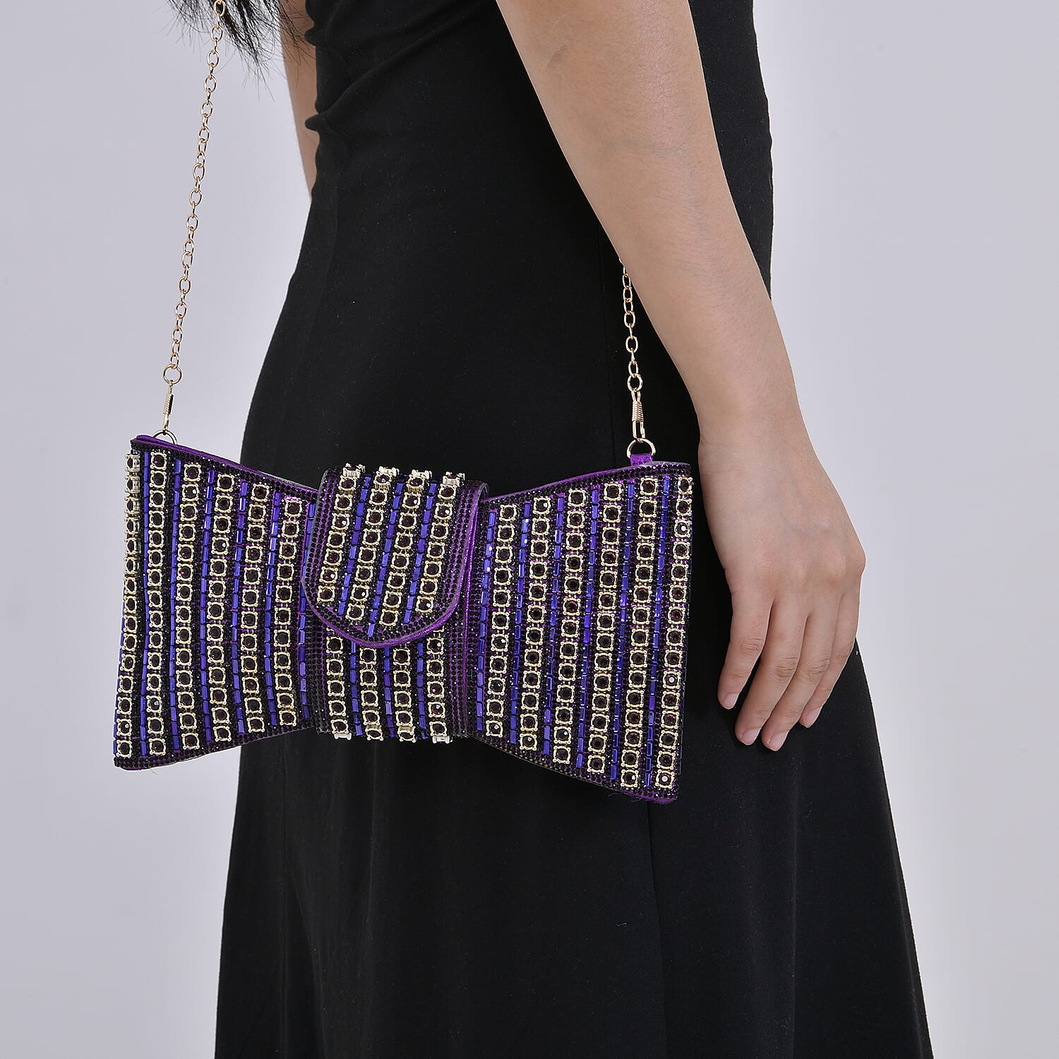 Purple Fashionable Bow-shaped Crystal Clutch Bag (10.6"x5.9") with Shoulder Chain Strap