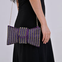 Purple Fashionable Bow-shaped Crystal Clutch Bag (10.6"x5.9") with Shoulder Chain Strap