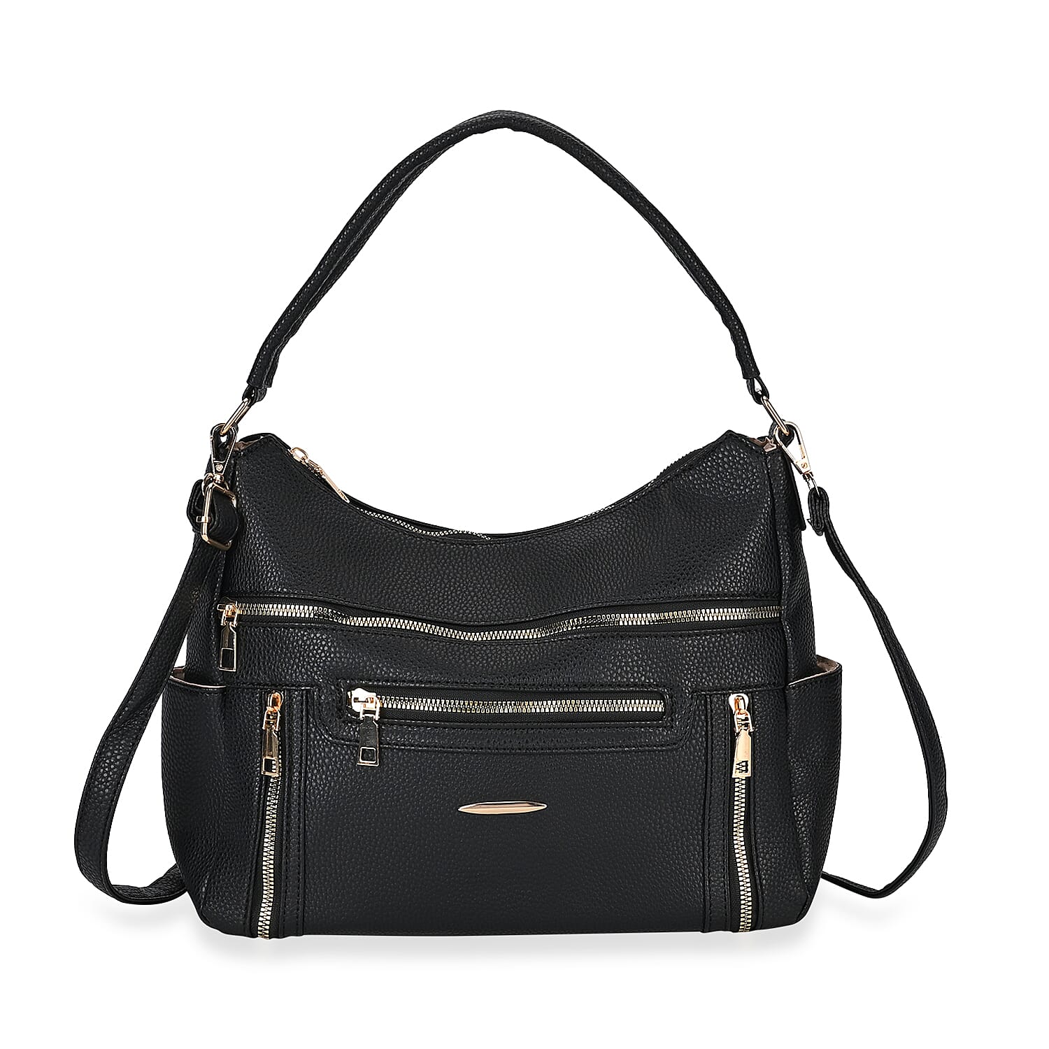 Black Multi-Pocket Faux Leather Crossbody Bag (12.6"x5"x11") with Shoulder Strap (47.2")