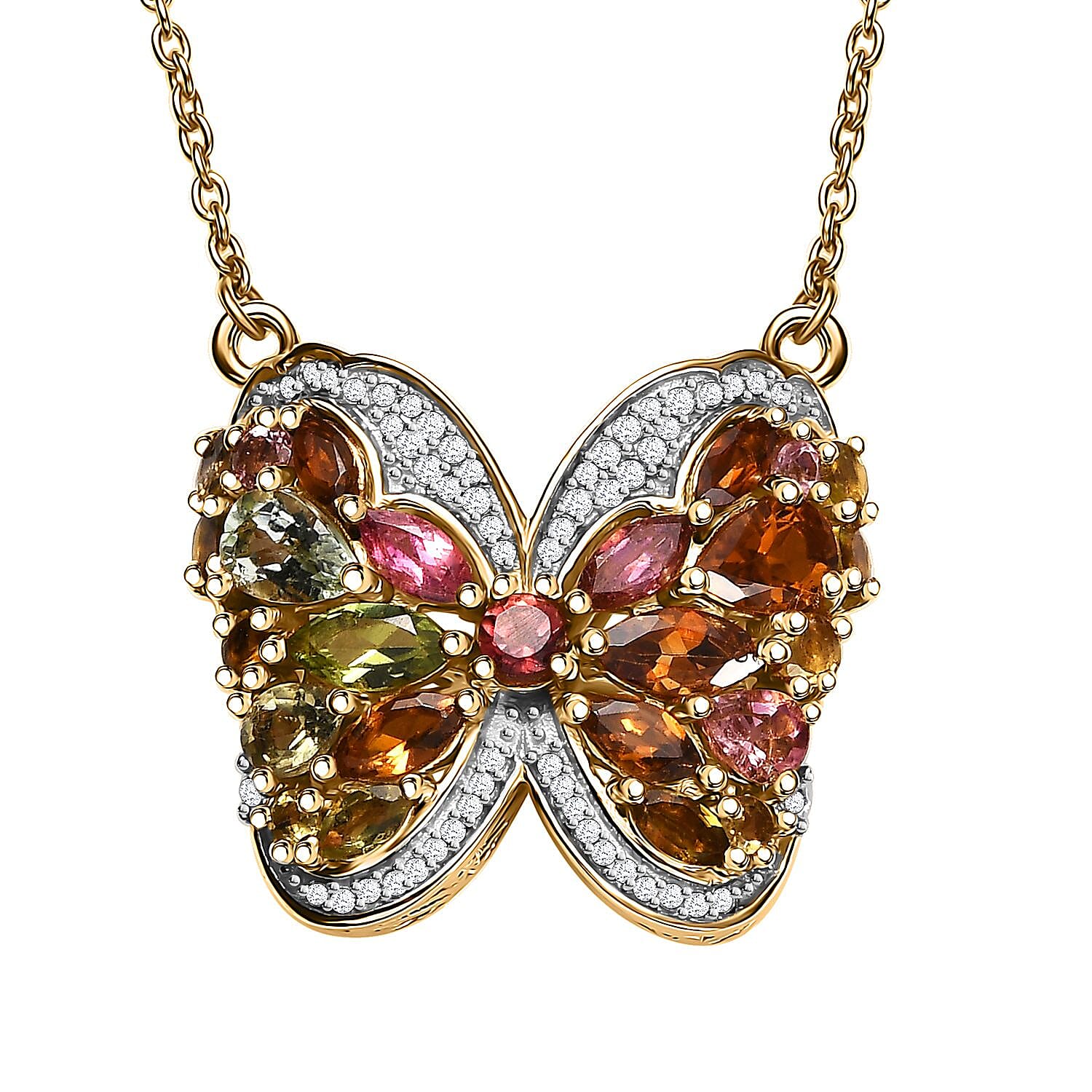Multi-Tourmaline and Moissanite 3.40 ctw Butterfly Necklace in 18K Vermeil Yellow Gold Over Sterling Silver 18 Inches