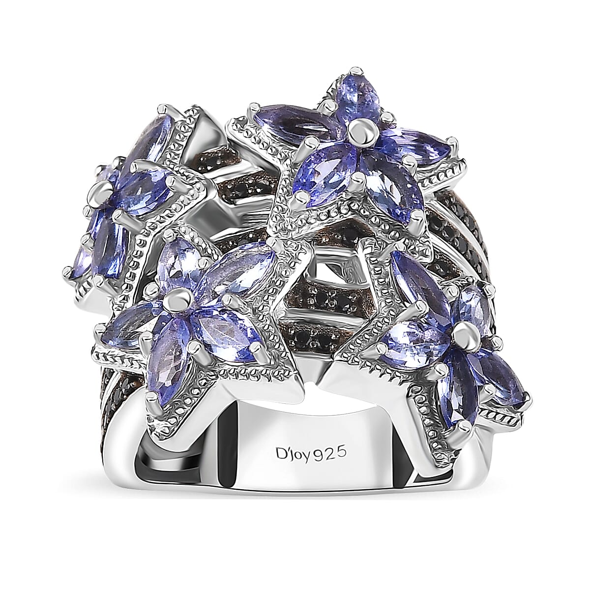 Tanzanite and Thai Black Spinel 3.00 ctw Stars Ring in Rhodium Over Sterling Silver