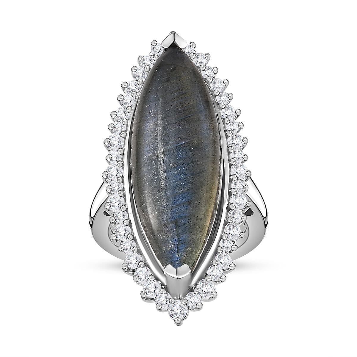 Malagasy Labradorite, White Topaz Ring in Rhodium Over Sterling Silver (Size 10.0) 17.00 ctw