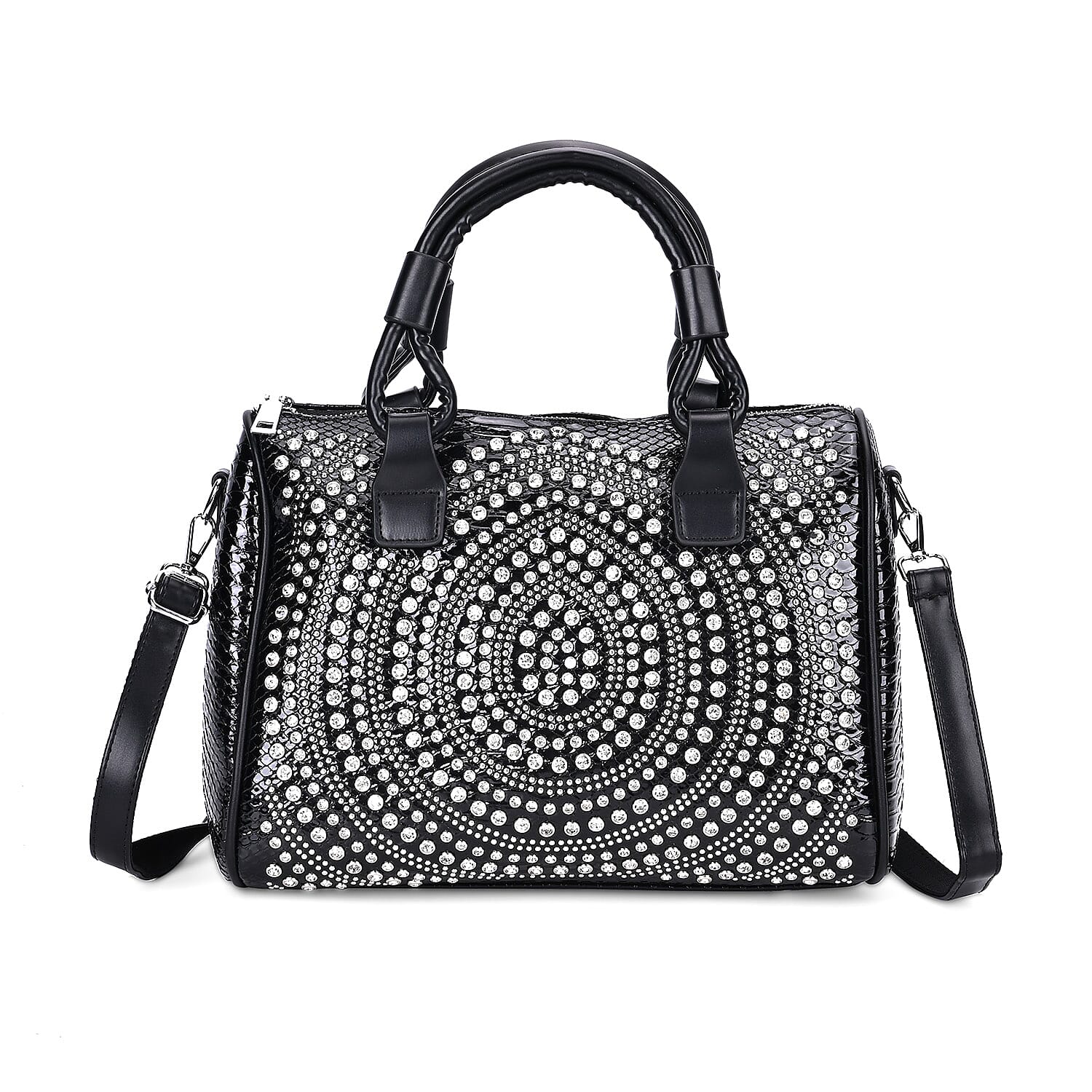 Black Faux Leather Crocodile Embossed Rhinestone Crossbody Bag (12.2"x6.7"x9") with Shoulder Strap