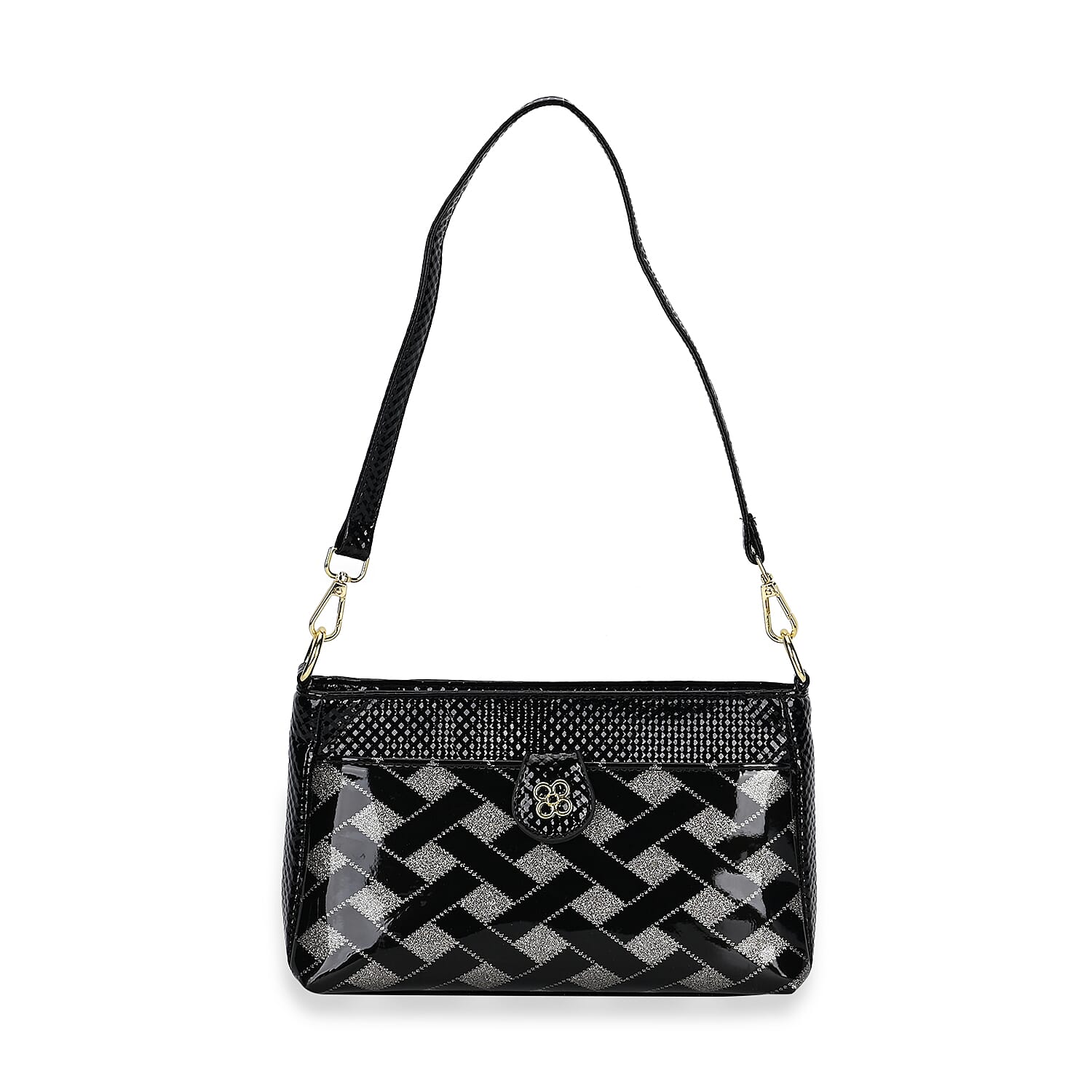 Black Checked Pattern Faux Leather Crossbody Bag (10.2"x3.9"x5.9") with Shoulder Strap (51")