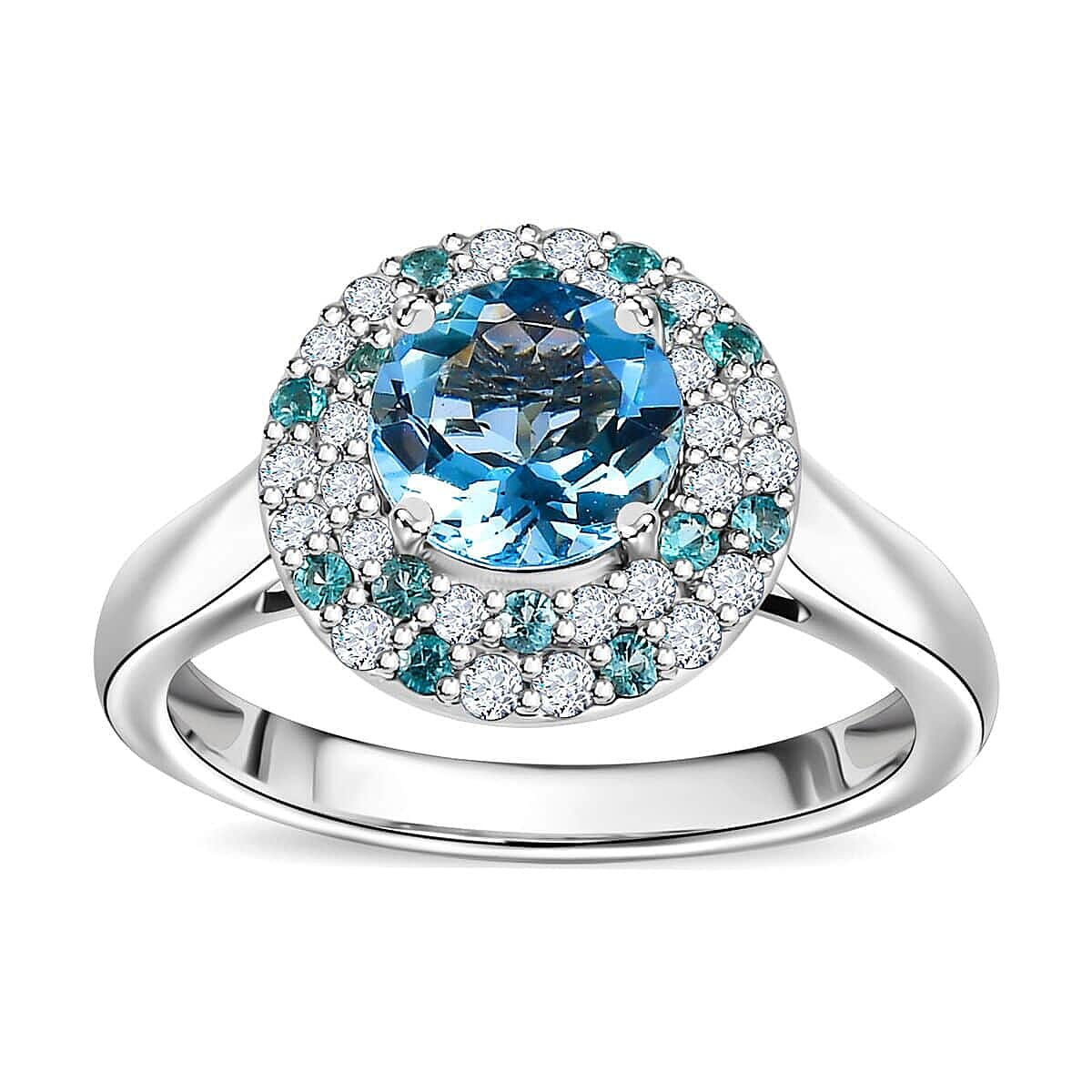 Certified & Appraised Rhapsody AAAA Santa Maria Aquamarine, Paraiba Tourmaline and E-F VS Diamond 1.50 ctw Double Halo Ring in 950 Platinum 6.22 Grams
