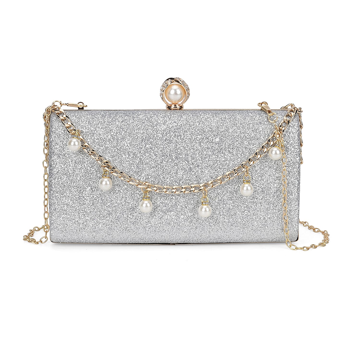 Silver Color Sparkling Cluthc Bag with Clasp Closure (8.7"x4.7"x1.8") with Pearl Station Bracelet (7.5-8.5In) and Necklace (18-20In) in Goldtone