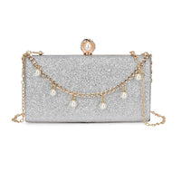 Silver Color Sparkling Cluthc Bag with Clasp Closure (8.7"x4.7"x1.8") with Pearl Station Bracelet (7.5-8.5In) and Necklace (18-20In) in Goldtone
