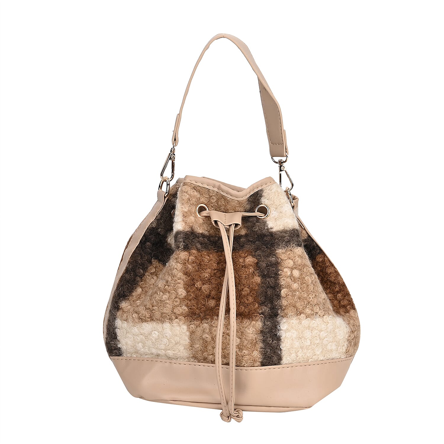 Beige with Checker Pattern Faux Fur Bucket Crossbody Bag (8.7"x7"x9.8")