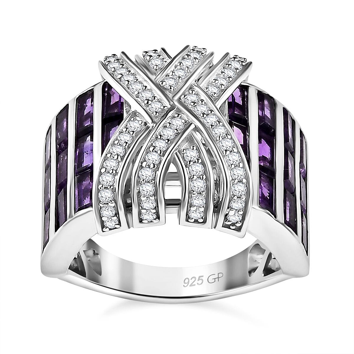 GP African Amethyst, White Zircon Ring in Rhodium Over Sterling Silver (Size 10.0) 3.85 ctw
