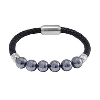 Terahertz Beaded and Leather Cord Men's Bracelet in Stainless Steel (8.50 In) 50.00 ctw