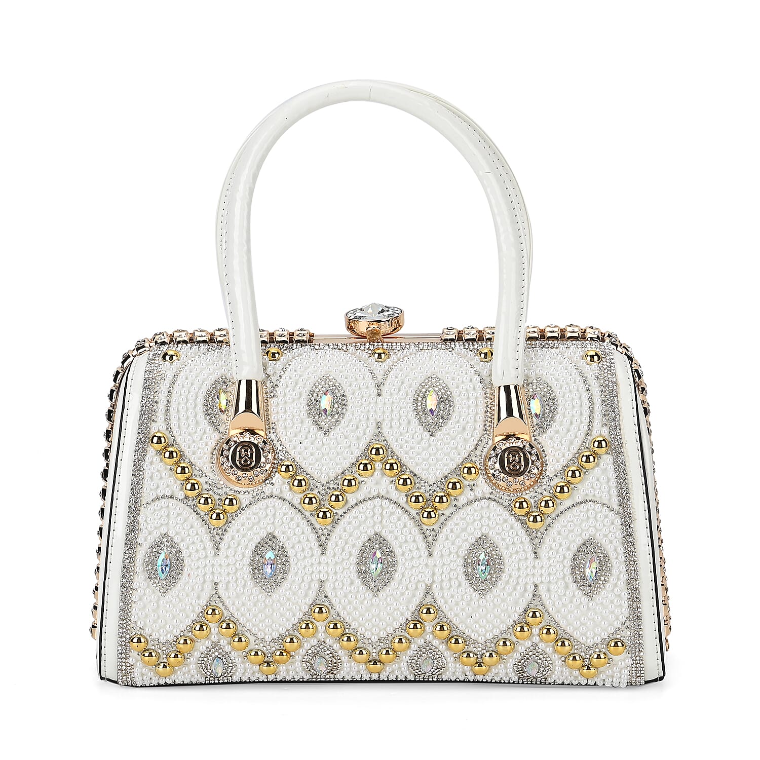 Silver Crystal and Pearl Faux Leather Tote Bag (12.2"X5.3"x7") with Handle Drop (6.5")