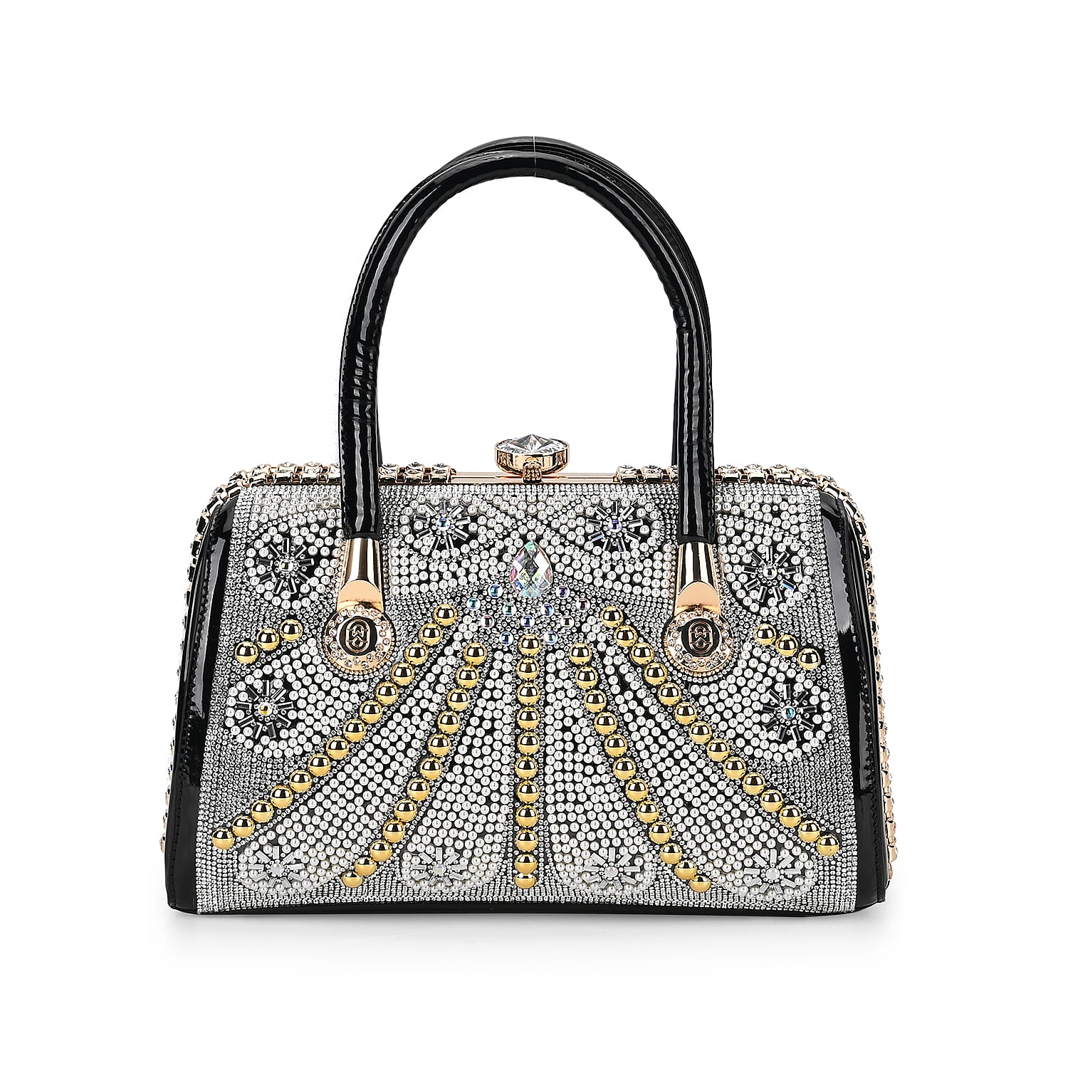 Silver Crystal and Pearl Faux Leather Tote Bag (12.2"X5.3"x7") with Handle Drop (6.5")