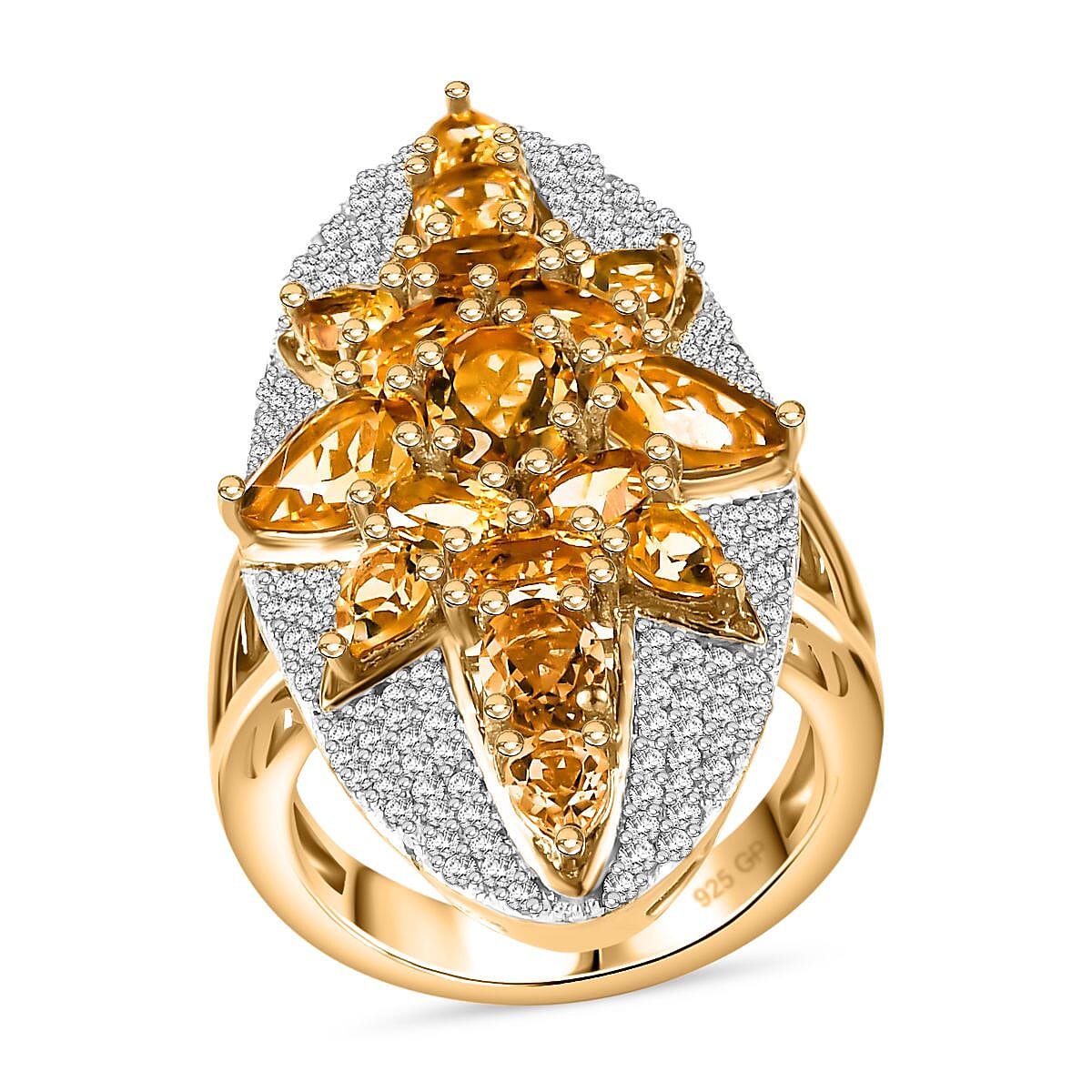 GP Brazilian Citrine, White Zircon Ring in 18K Vermeil YG Over Sterling Silver (Size 10.0) 6.50 ctw