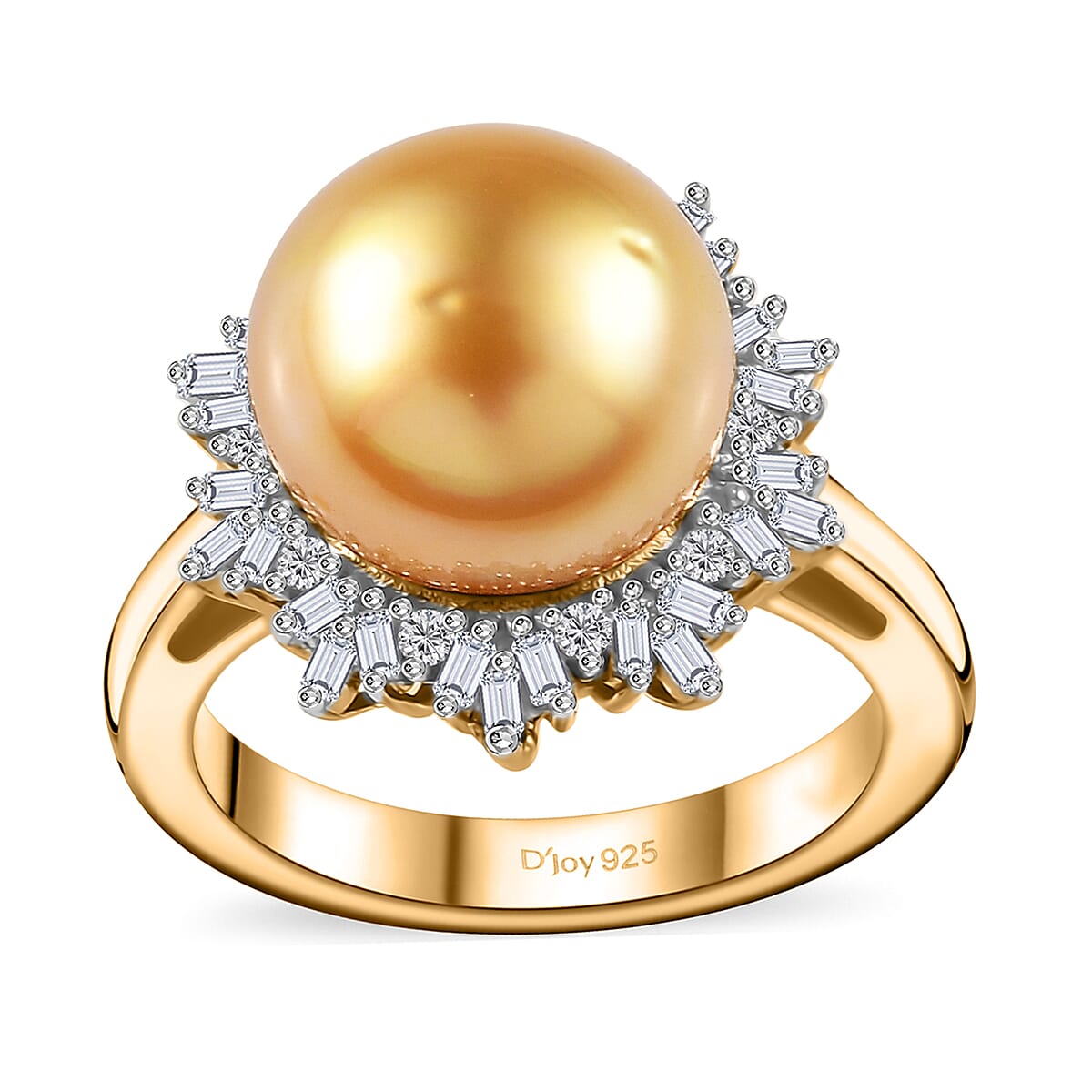 South Sea Golden Pearl 9-11mm, Diamond Cocktail Ring in 18K Vermeil YG Over Sterling Silver (Size 9.0) 0.30 ctw
