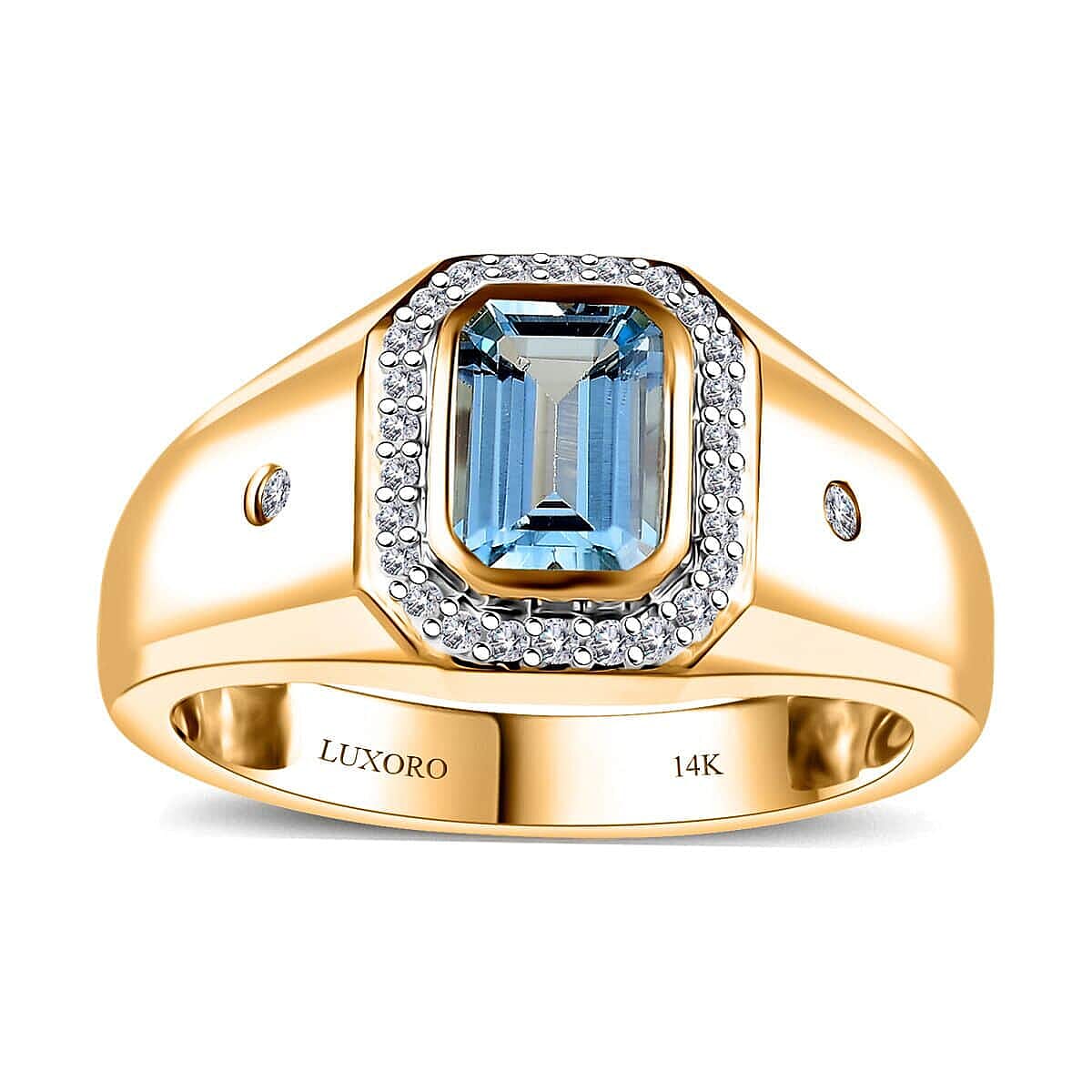 Certified & Appraised Luxoro 14K Yellow Gold AAA Santa Maria Aquamarine, Diamond (I2) (0.21 cts) Men's Ring (Size 10.0) (6.10 g) 1.10 ctw