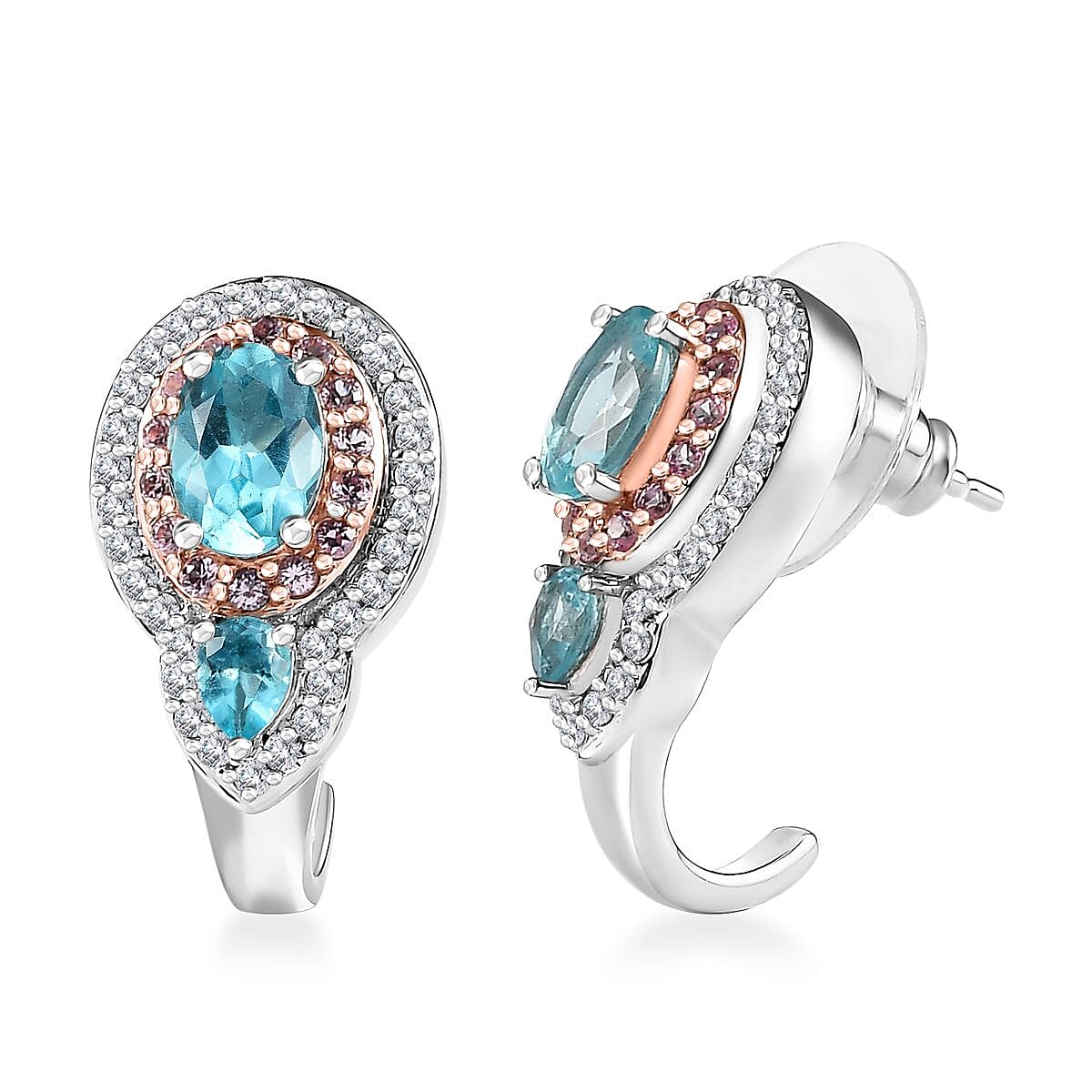 Betroka Blue Apatite, Multi Gemstone J-Hoop Earrings in Rhodium Over Sterling Silver 3.20 ctw