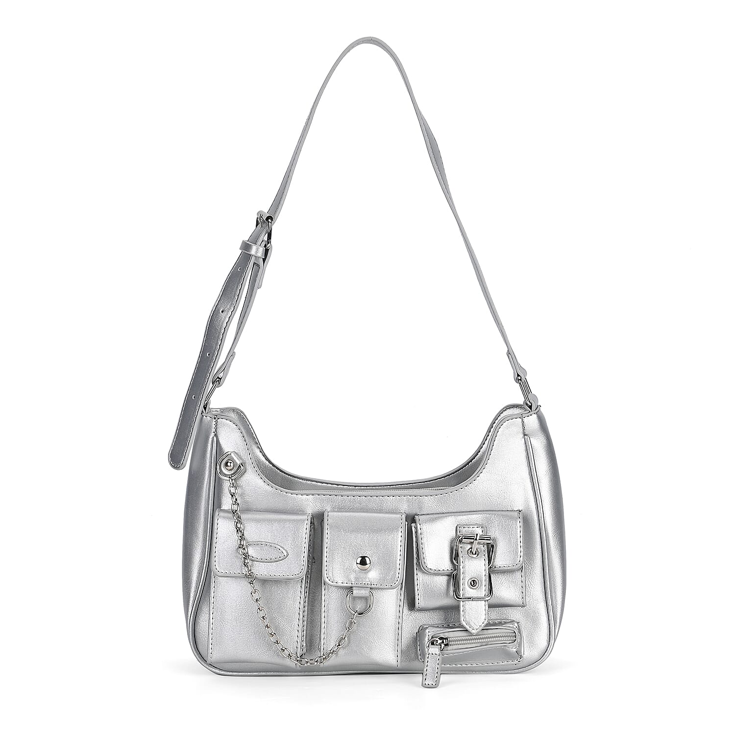 Silver Multi-Pocket Faux Leather Crossbody Bag (11.8"x2.76"x8.7") with Adjustable Shoulder Strap