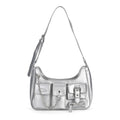 Silver Multi-Pocket Faux Leather Crossbody Bag (11.8"x2.76"x8.7") with Adjustable Shoulder Strap - Sticky add to cart bar
