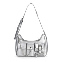 Silver Multi-Pocket Faux Leather Crossbody Bag (11.8"x2.76"x8.7") with Adjustable Shoulder Strap