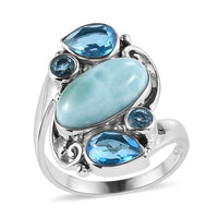 Sajen Silver Larimar Celestial Blue Quartz Doublet and Larimar Ring in Rhodium Over Sterling Silver (Size 10.0) 6.50 ctw
