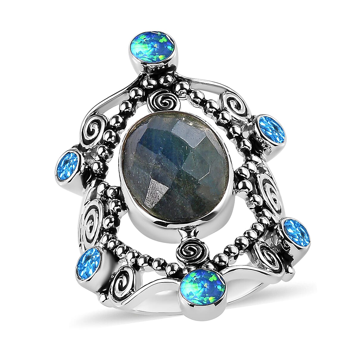 Sajen Silver Malagasy Labradorite and Multi Gemstone Ring in Rhodium Over Sterling Silver (Size 10.0) 6.25 ctw