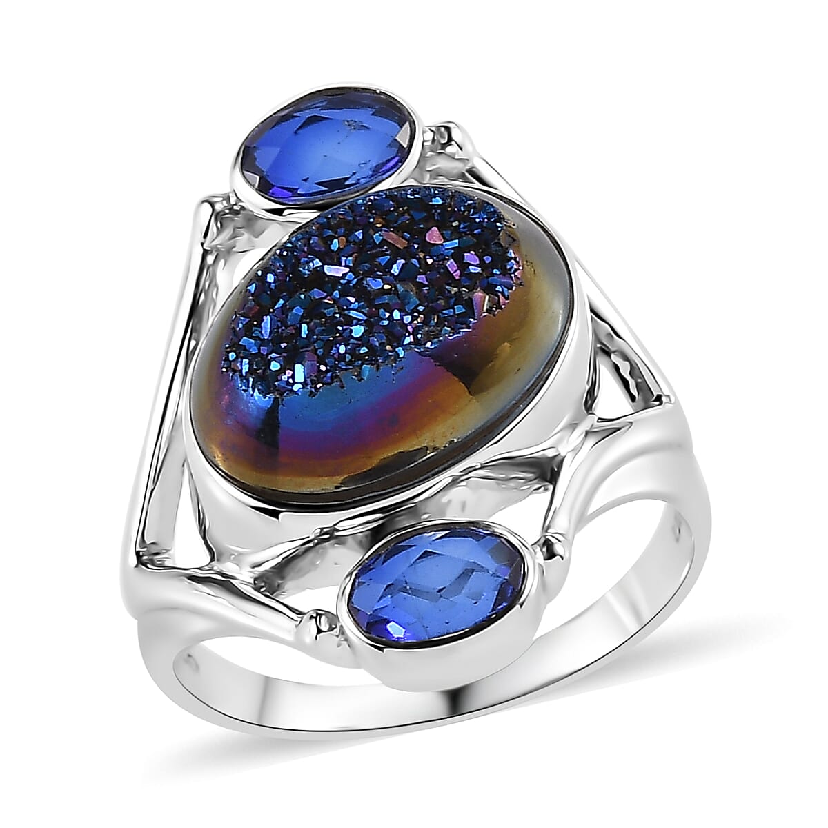 Sajen Silver Forest Window Drusy Quartz and Celestial Blue Quartz Ring in Rhodium Over Sterling Silver (Size 10.0) 7.10 ctw