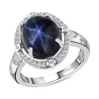 Blue Star Sapphire (DF), Moissanite Halo Ring in Rhodium Over Sterling Silver (Size 10.0) 6.50 ctw
