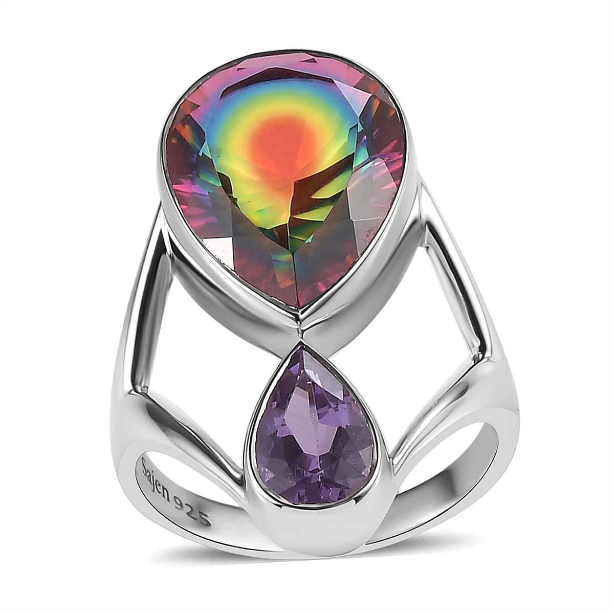Sajen Silver Nebula Quartz Doublet and African Amethyst Ring in Rhodium Over Sterling Silver (Size 10.0) 9.65 ctw