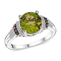 Peridot, Natural Champagne and White Diamond Ring in Rhodium Sterling Silver (Size 10.0) 3.15 ctw