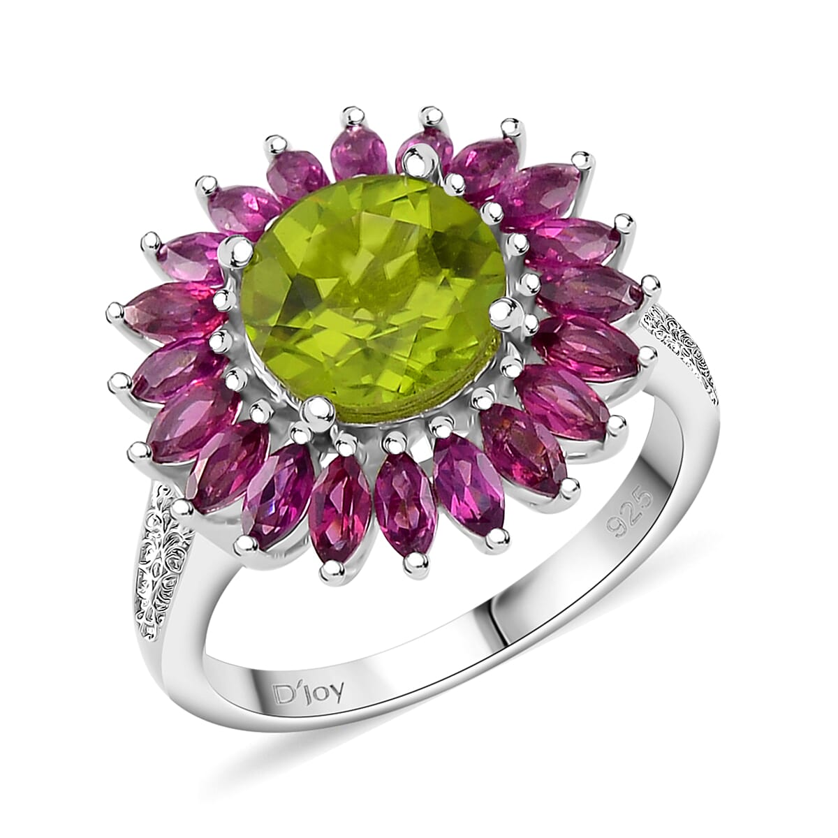 Peridot and Orissa Rhodolite Garnet 5.25 ctw Floral Ring in Rhodium Over Sterling Silver