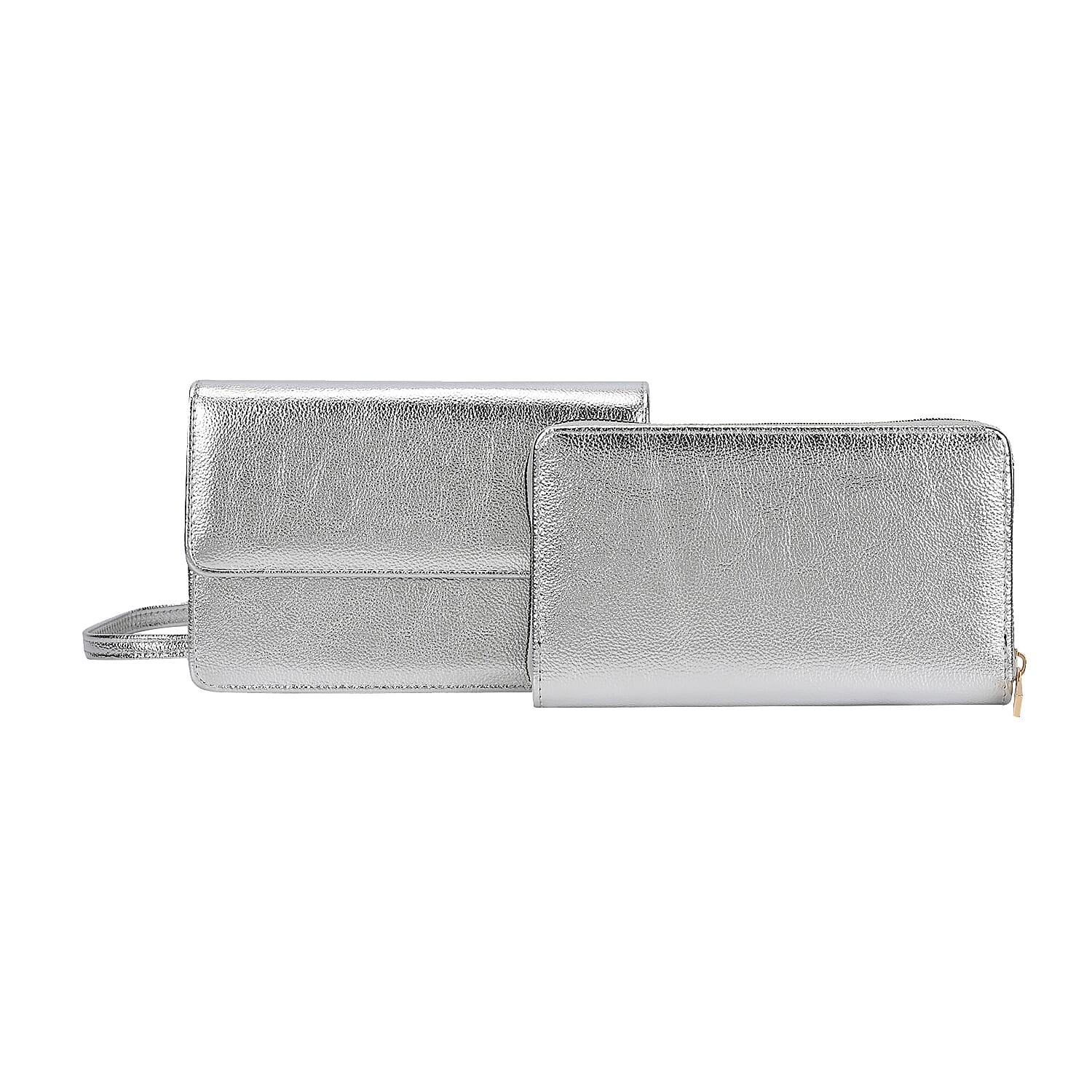 Metallic Silver Faux Leather 2in 1 Sling Crossbody Bag (7.48"x4.7"x2.8") with Shoulder Strap