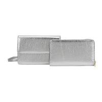 Metallic Silver Faux Leather 2in 1 Sling Crossbody Bag (7.48"x4.7"x2.8") with Shoulder Strap