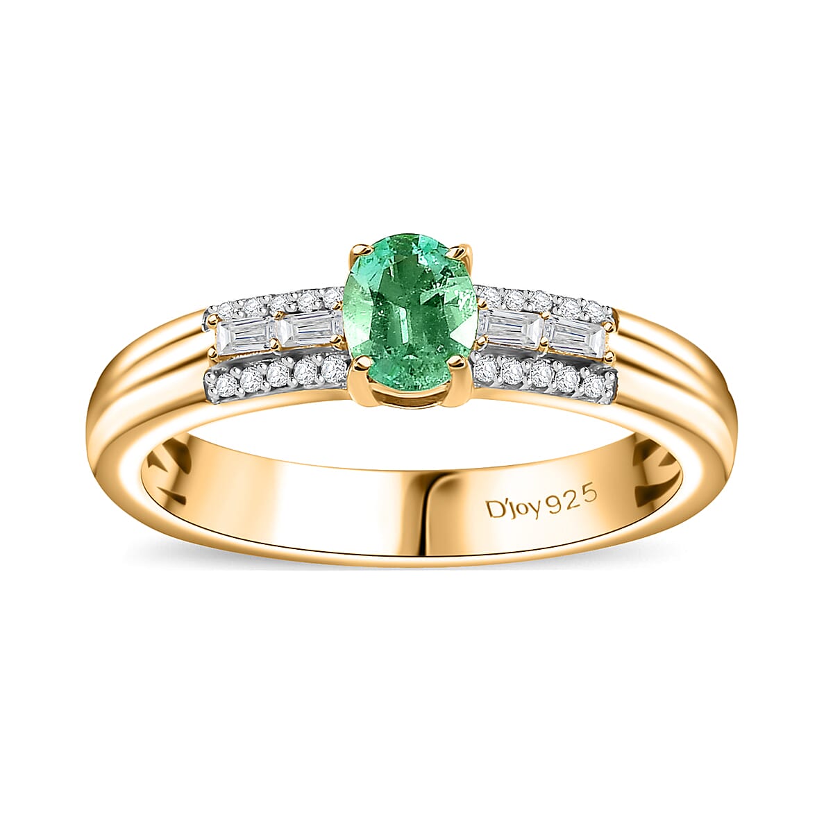 AAA Boyaca Colombian Emerald and White Zircon 0.60 ctw Broad Shank Ring in 18K Vermeil Yellow Gold Over Sterling Silver (Size 6.0)
