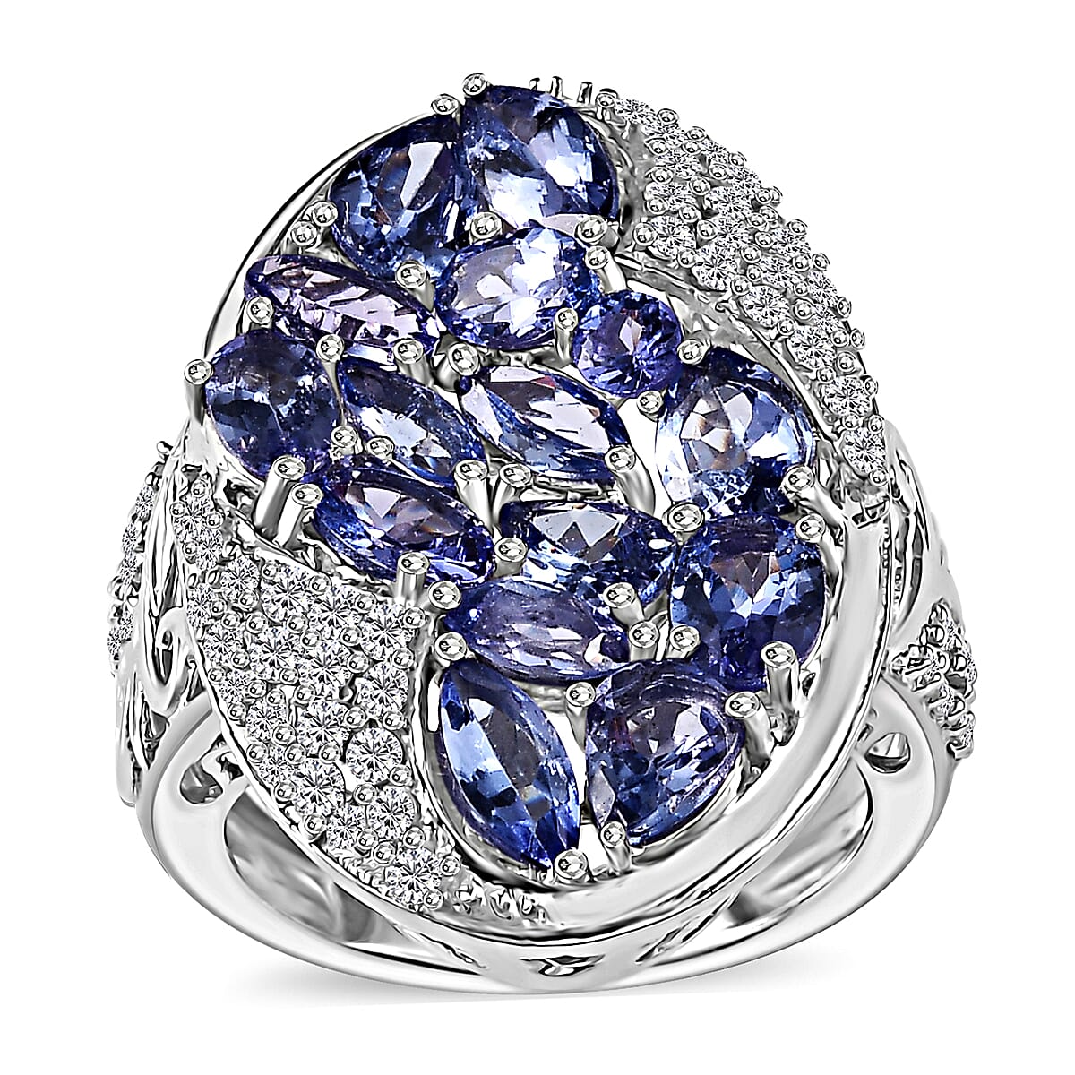Tanzanite and White Zircon 4.40 ctw Folding Leaf Ring in Rhodium Over Sterling Silver