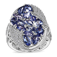 Tanzanite and White Zircon 4.40 ctw Folding Leaf Ring in Rhodium Over Sterling Silver