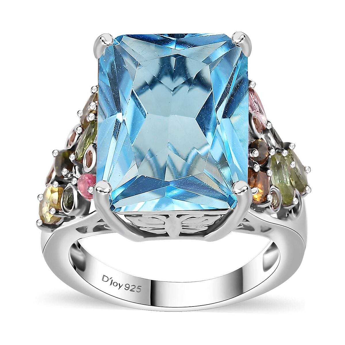 Sky Blue Topaz and Multi-Tourmaline 17.00 ctw Ring in Rhodium Over Sterling Silver (Size 10.0)