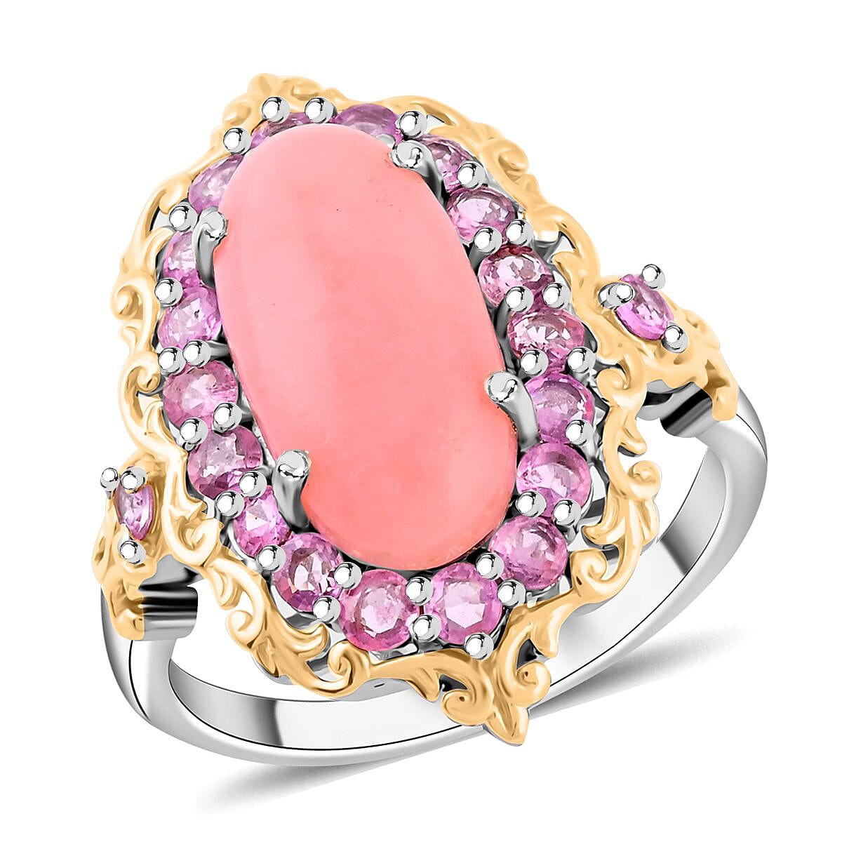 Premium Peruvian Pink Opa and Madagascar Pink Sapphire Ring in Vermeil YG and Platinum Over Sterling Silver 5.90 ctw