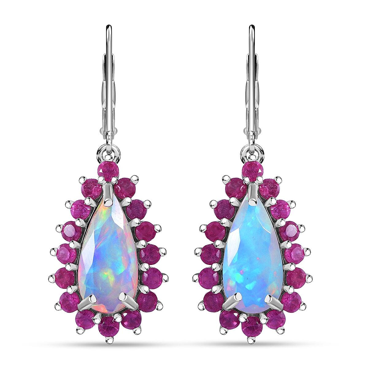 TLV AAA Ethiopian Welo Opal (Pear), Niassa Ruby (FF) Lever Back Earrings in Rhodium Over Sterling Silver 5.30 ctw