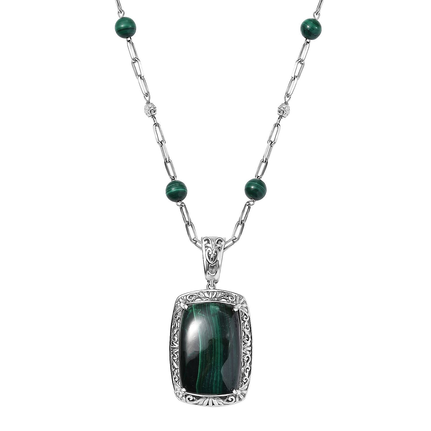 African Malachite Necklace (18 Inches) in Platinum Over Copper 69.80 ctw