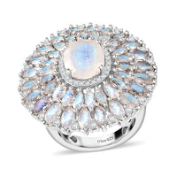 Premium Moon Glow Moonstone and Moissanite 7.75 ctw Ring in Rhodium Over Sterling Silver