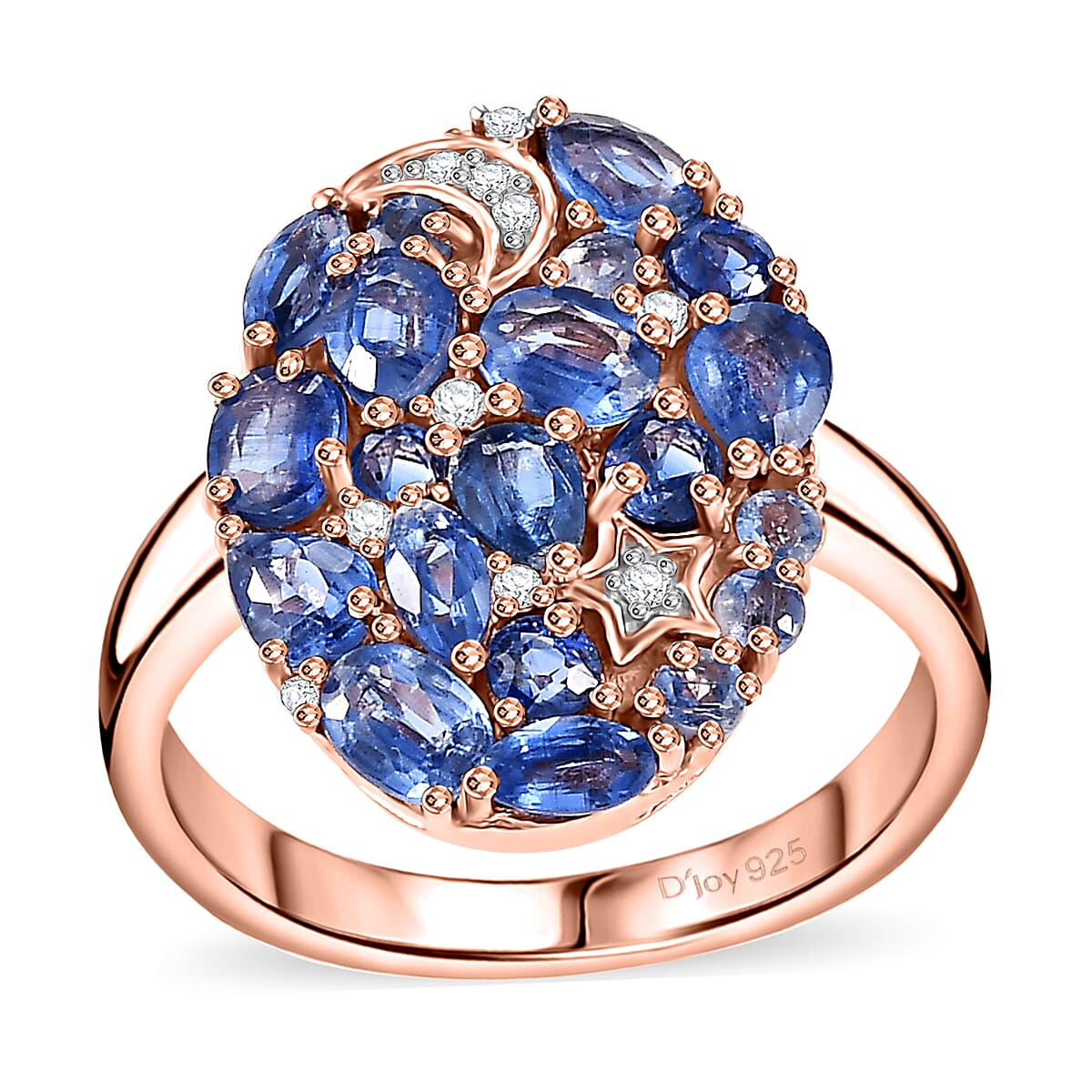 Kashmir Kyanite, White Zircon Celestial Ring in 18K Vermeil RG Over Sterling Silver (Size 8.0) 2.65 ctw